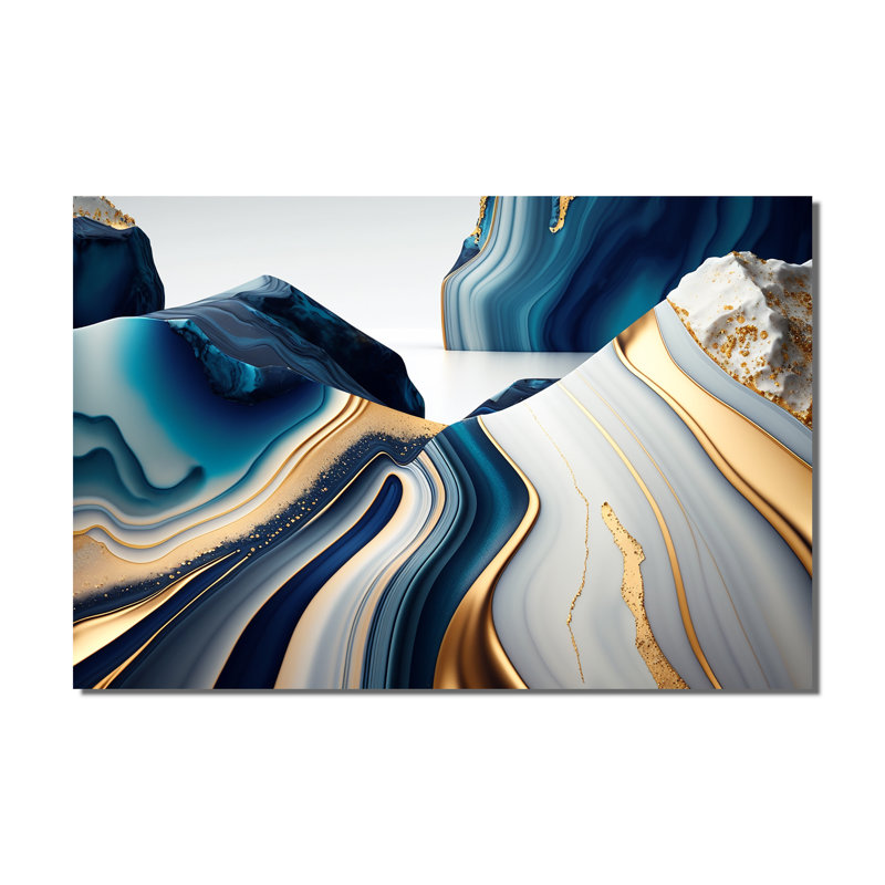 «Abstract Geode Waves Blue and Gold I», art mural abstrait encadré