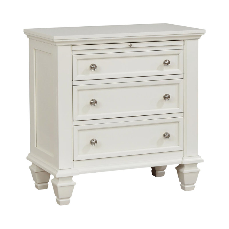 Table de chevet blanc crème avec 3 tiroirs et plateau escamotable élégant 3 po escamotable