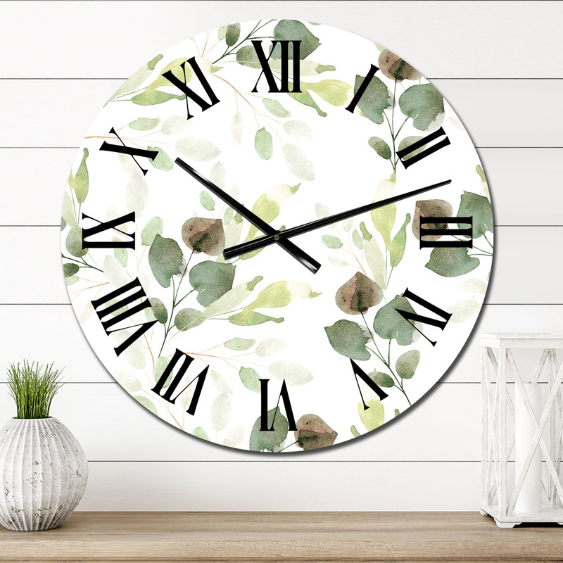 Feuilles vertes sur blanc - horloge murale à motifs, Surdimensionné