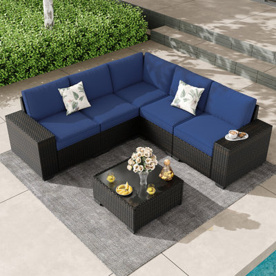 7 Pieces Outdoor Patio Furniture Set, Wicker Conversation Sets with Tea Table, Rattan Patio Sofa with Thick Cushions for Garden, Backyard Porch, Pools
