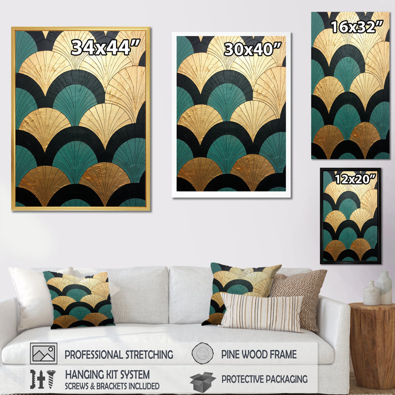 Emerald and Golden Arches - Formes abstraites, art mural pour le salon, H 44 po x l 34 po x P 1,5 po, Cadre photo noir