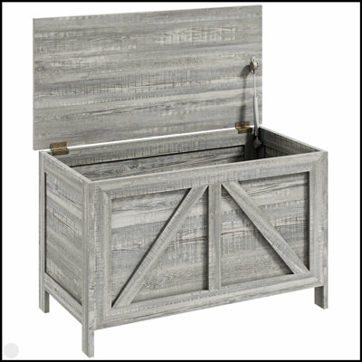 Rustic Farmhouse Storage Chest With Spacious Lift-Top And Safety Hinge For Versatile Home Organization, Gray Wood Grain