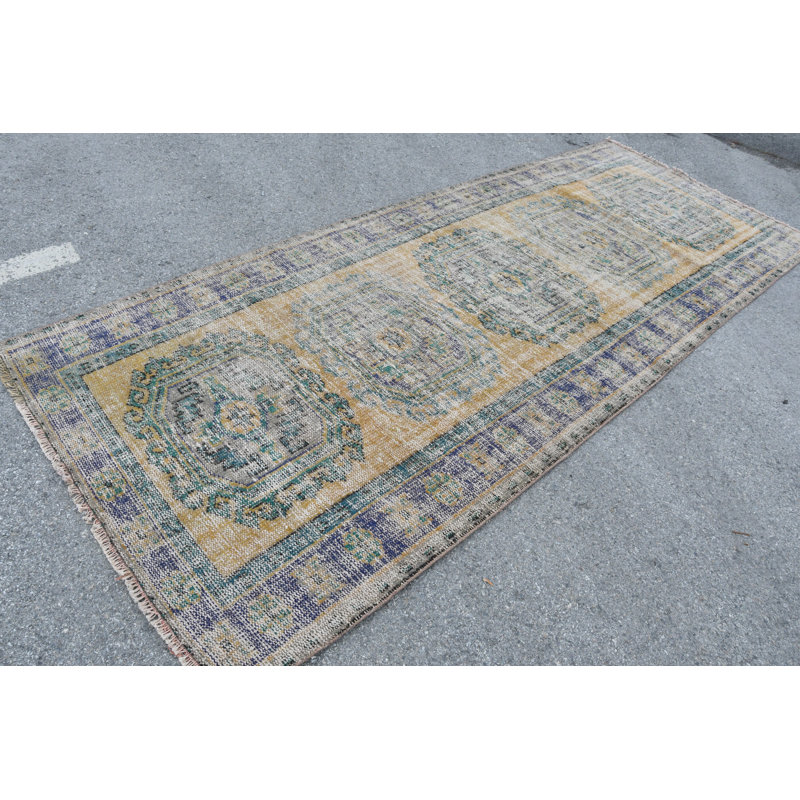 Tapis de couloir authentique en laine turque Oushak, idéal pour la chambre à coucher ou le cadeau SN-7240 Jaune / Vert