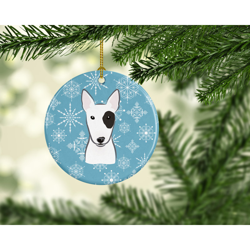 Ornement figurine suspendu en céramique flocon de neige terrier