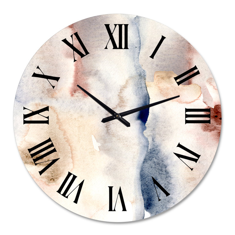 Horloge murale moderne pastel abstrait avec taches bleu foncé, rose et gris, Grand