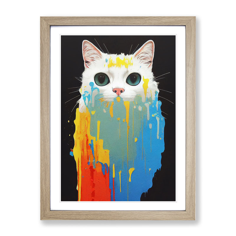 Cat Dripping No.5 1 Piece Single Picture Frame Wall Art, 46cm H x 34cm W x 2cm D, Oak Framed