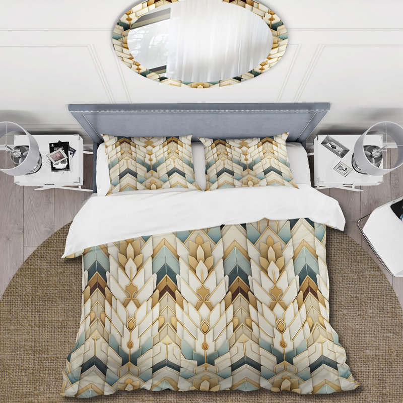 Ensemble de housse de couette à motif de chevrons dorés et bleus Splendor, Housse de couette simple + 1 taie décorative stan