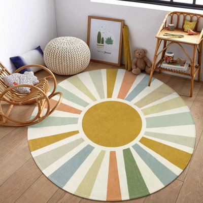 Boho Sun Circle Rug 4x4 Ft – Washable Non-slip Round Area Rug For Kids Room, Playroom & Bedroom, Colorful Rainbow Floor Carpet