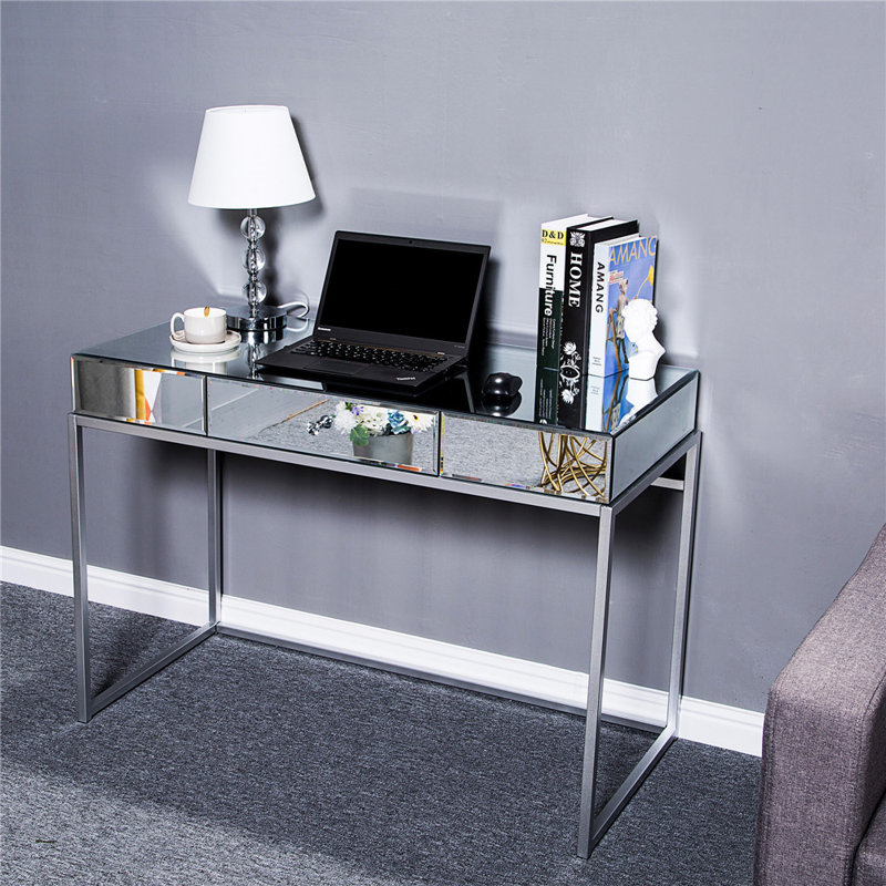 41.73in Silver Luxury and Light Style Computer Desk with Mirror-Faced Density Board and Iron Leg Tubes