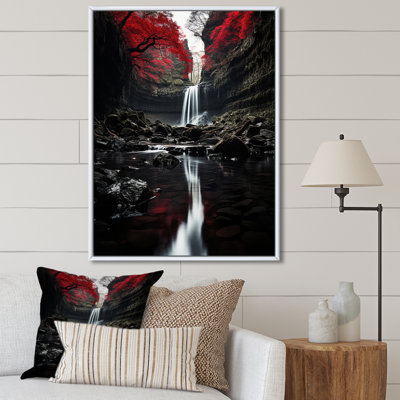 Grey And Red Waterfall Of Eternity II - Landscapes Canvas Wall Art