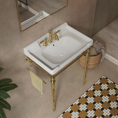 Lavabo de console de salle de bain 28 po, lavabo mural en céramique avec 3 trous de robinet pré-percés