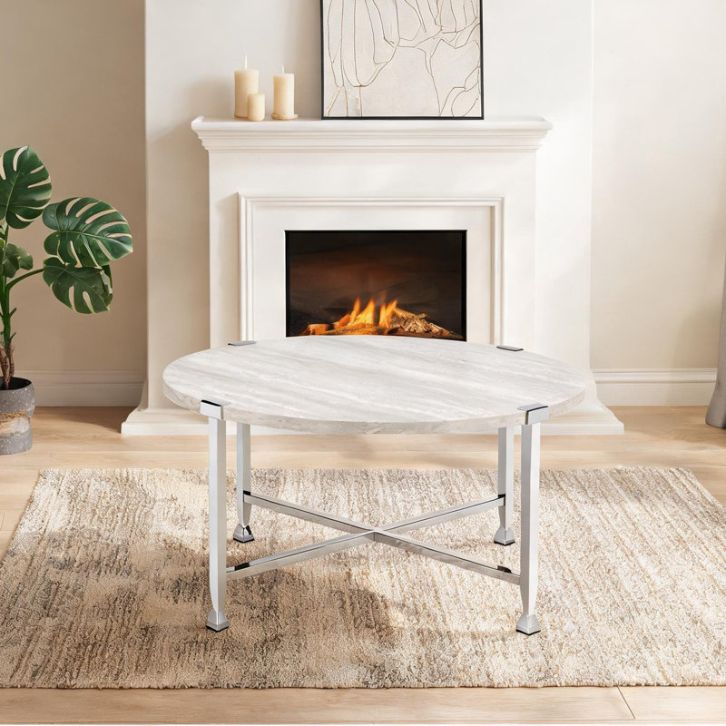 Table basse ronde avec plateau en chêne blanc pur et base en métal chromé, 36 pouces, conception ouverte moderne