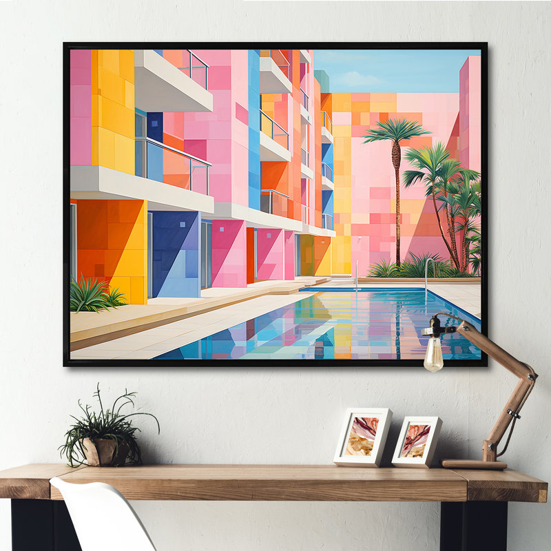 Minimalisme hôtels loge III sur toile, Cadre flottant noir, 24" H x 32" W