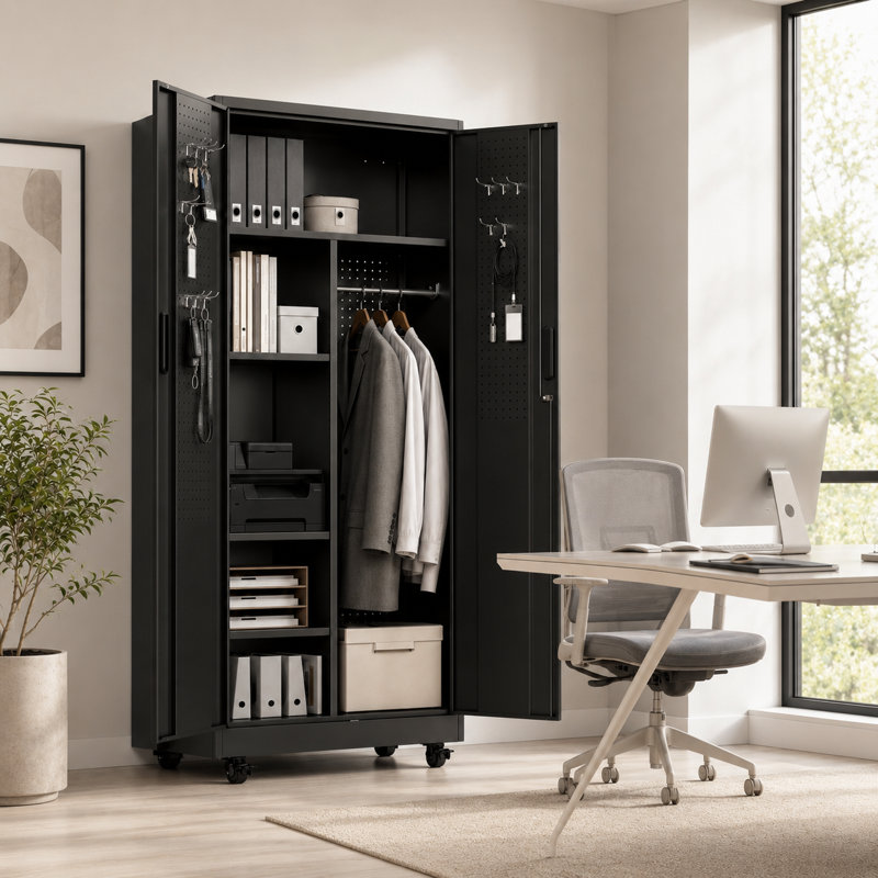 71"H Lockable Steel Storage Cabinet with Rolling Casters, Freestanding Metal Wardrobe with 3 Removable Shelves & Hanging Rod, Mobile Security Cabinet for Home, Office, Garage & Fire Department, Black