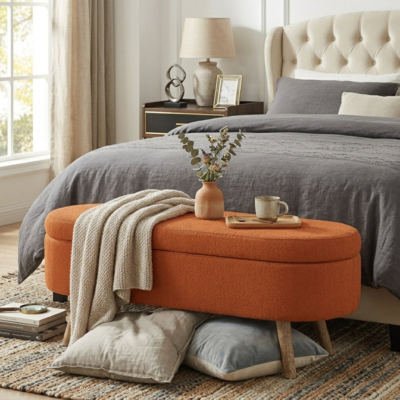 Banc de rangement avec repose-pieds de 42 po pour le salon, l'entrée de la chambre à coucher, Orange