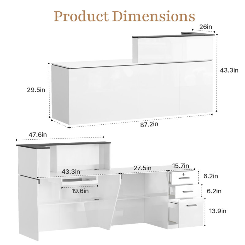 Bureau de réception moderne de 87,2 po avec éclairage DEL, tiroir verrouillable, rangement pour dossiers, prises de courant intégrées, plateau à clavier, gestion des câbles et panneau d'intimité à droite pour le bureau, le salon et la vente au détail