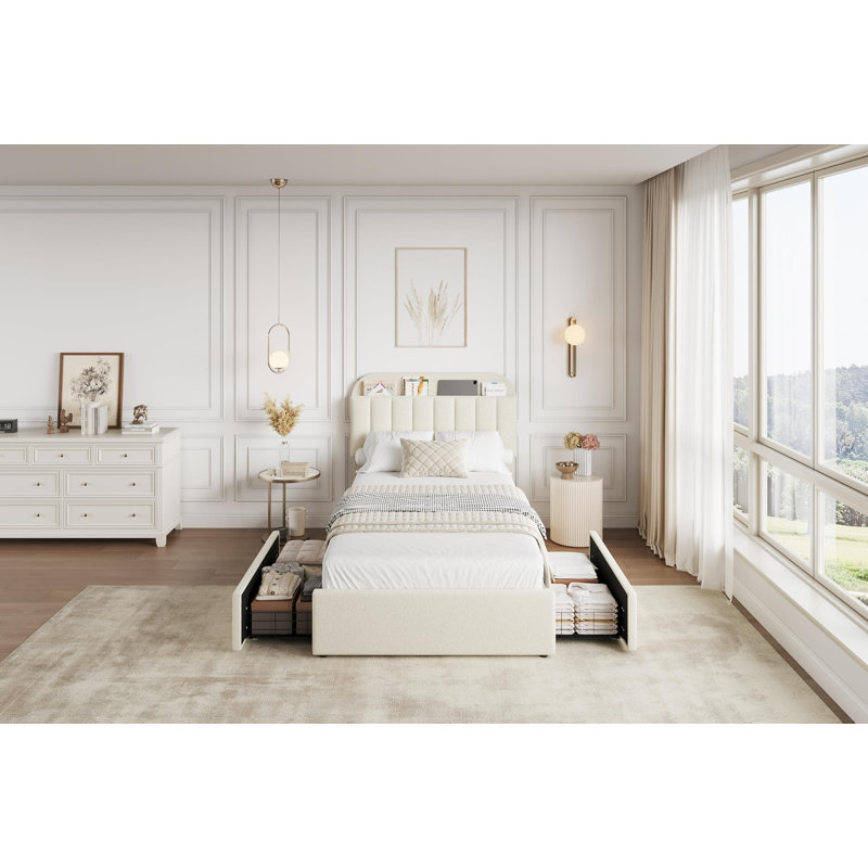 Lit plateforme simple tapissier avec tête de lit bibliothèque, 2 tiroirs, conception silencieuse, aucun sommier requis, assemblage facile - beige clair