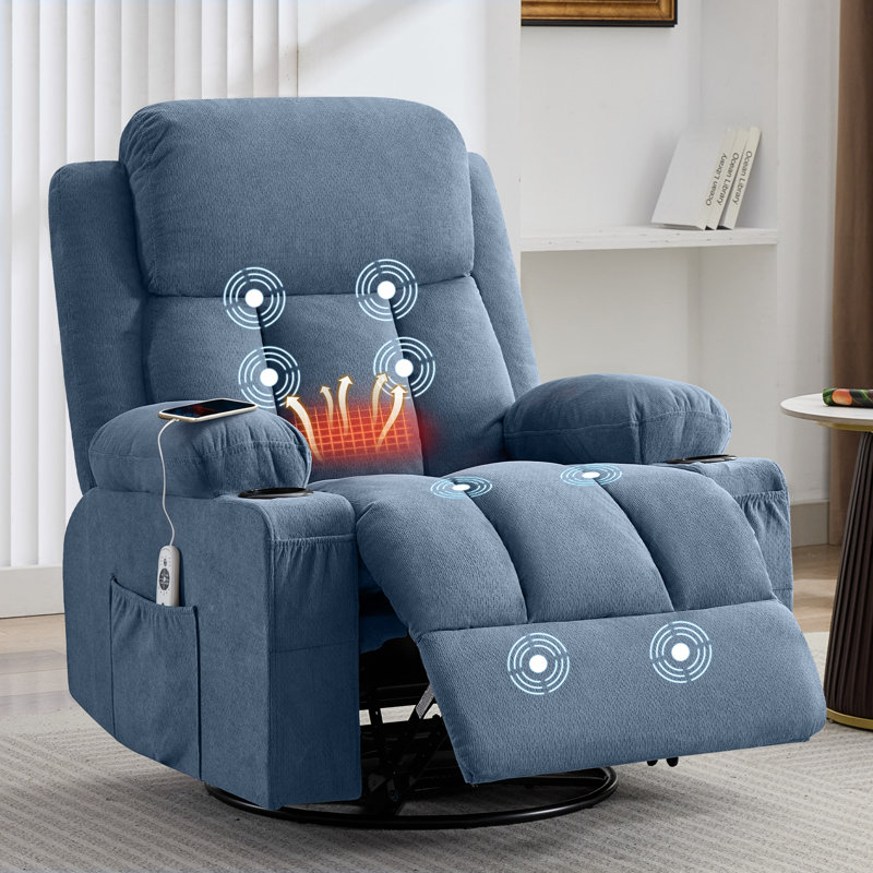Swivel Rocker Recliner Chair with Vibration Massage and Heat for Living Room ,with Rocking Function and Side Pocket, USB Charge Port,2 cup holders