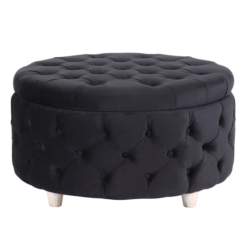 Repose-pieds de rangement rond en velours de 29,5 po Kirsten, Velours noir
