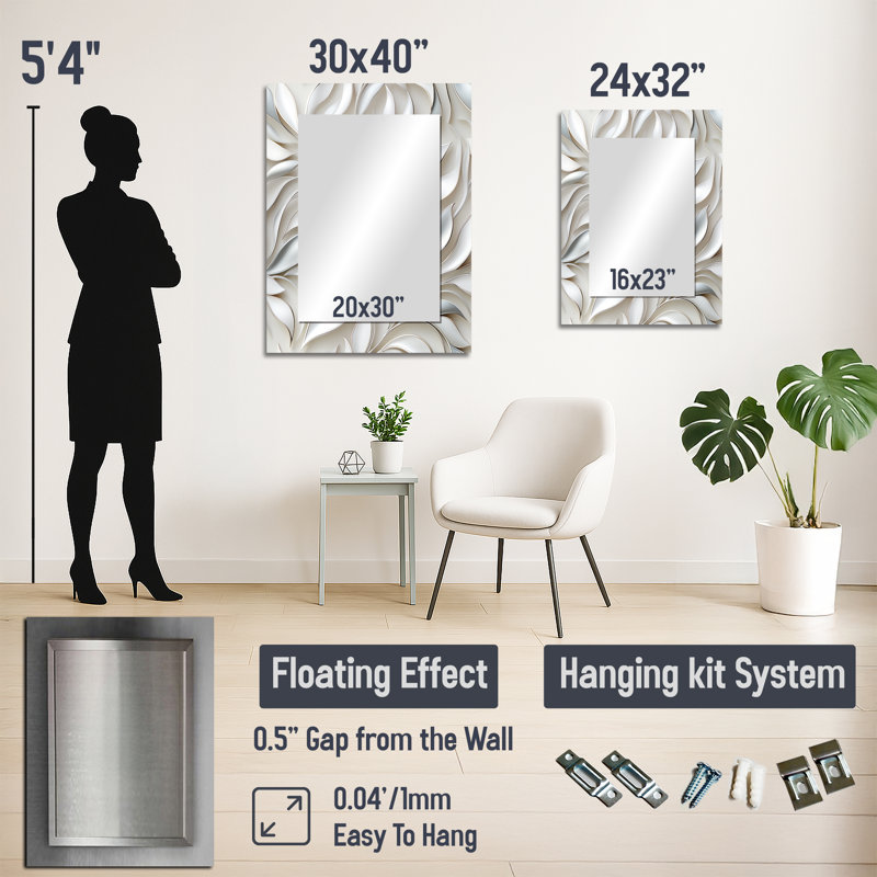 Shamorie Abstract Silver And White Flowers Pattern - Floral Large Wall Mirror, Cottage Unique Mirror, Printed Metal Art