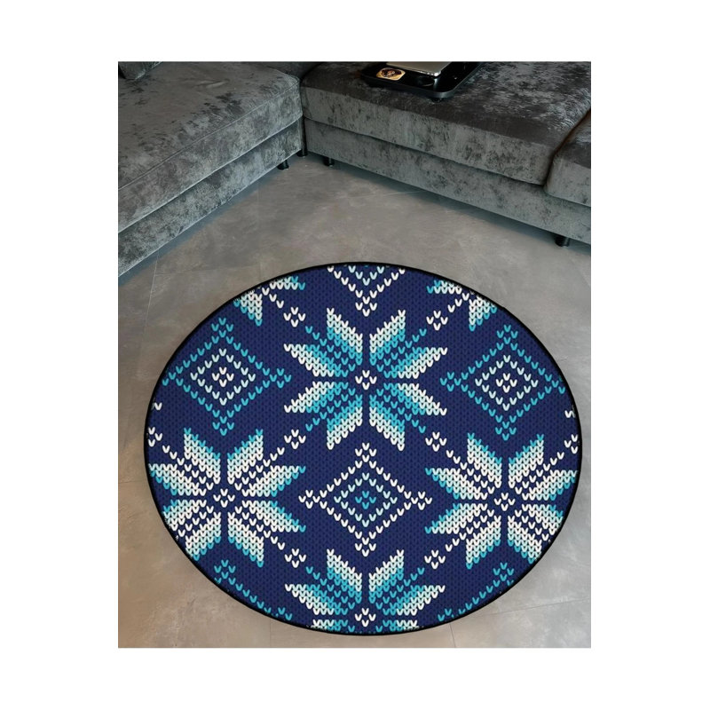 Embroidery-Looking Blue And White Floral Detailed Woven Base Modern Decorative Carpet, Round 4'