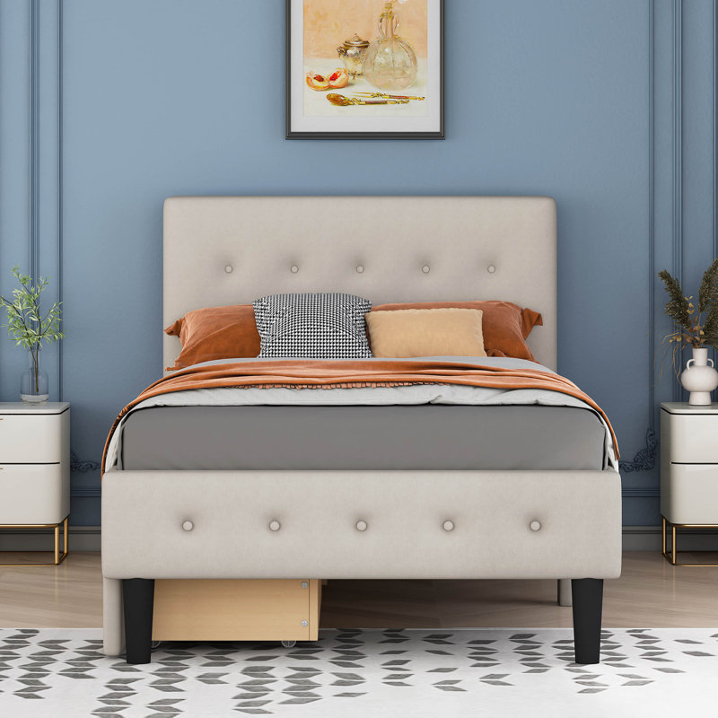 Lit plateforme tapissier simple capitonné Buchman, Beige