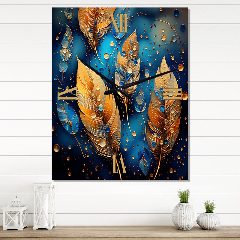 Horloge murale moderne Boho Glam Gold Feathres On Cosmic Blue - Feathers, Très grand