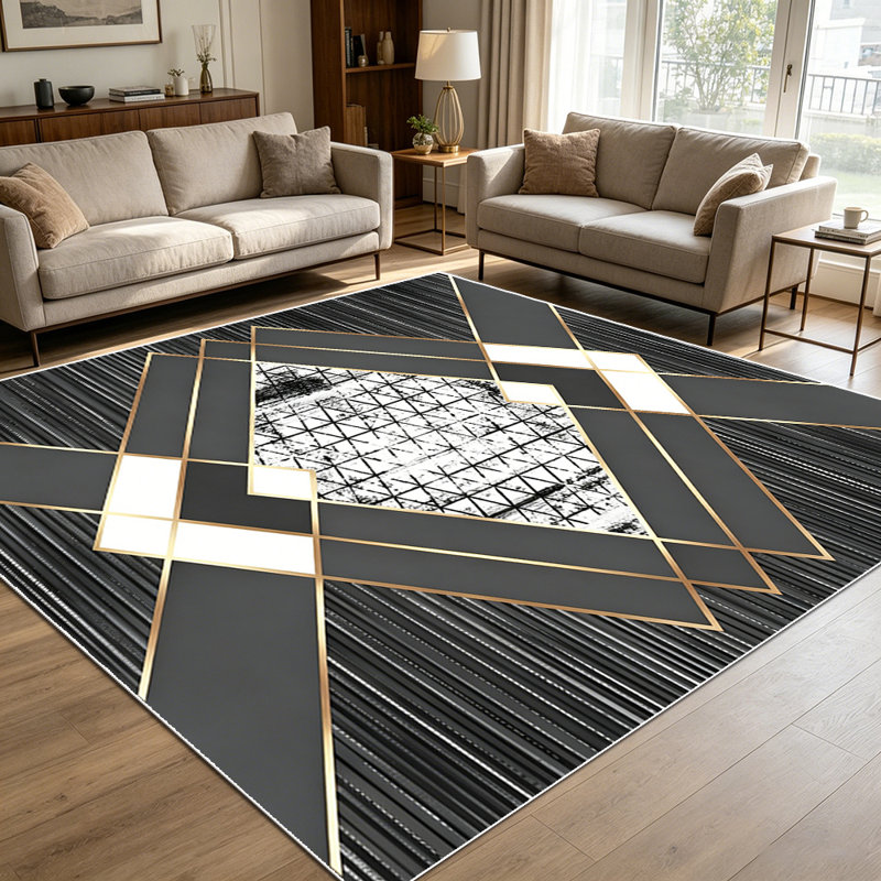 1PC Modern Geometric Gold Accent Striped Dark Grey Distressed Diamond Pattern area rugs for Living Room, Soft and Comfortable, Suitable for all seasons, easy-to-maintain, machine washable Indoor floor mat, Under Table Farmhouse suitable for living