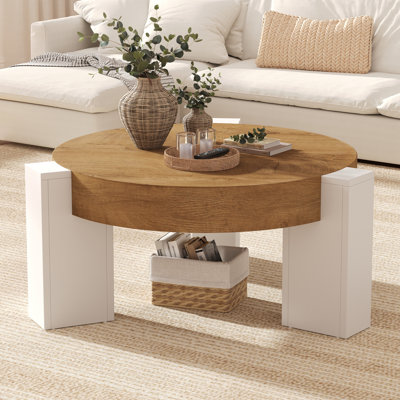 Round Coffee Table, 31.5" Circle Farmhouse Coffee Table, Wood Table And Center Table For Livingroom,White&Brown