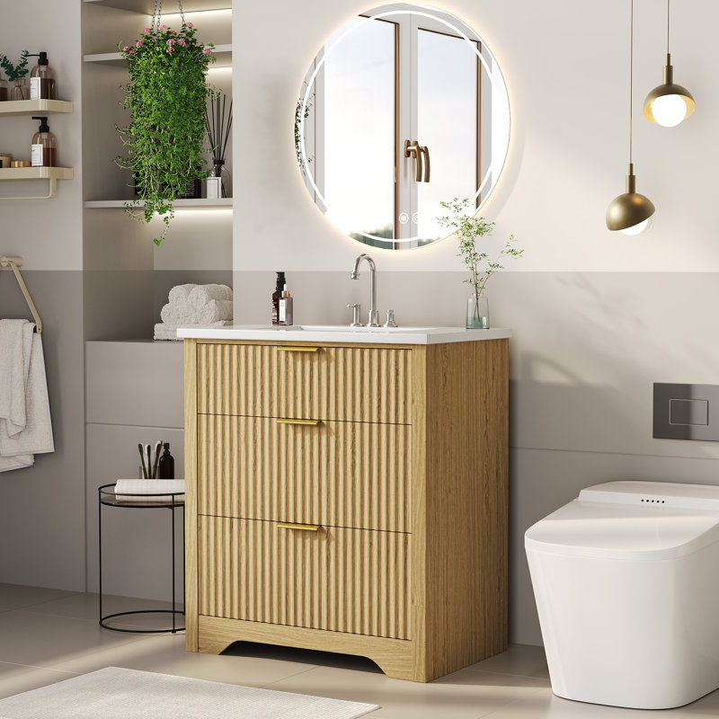 Modern Fluted Bathroom Vanity with Basin – Freestanding Cabinet, 2 Soft-Close Drawers, 1 Rotating-Down Drawer, Easy Assembly & Cleaning, Single Basin, 30 Inch