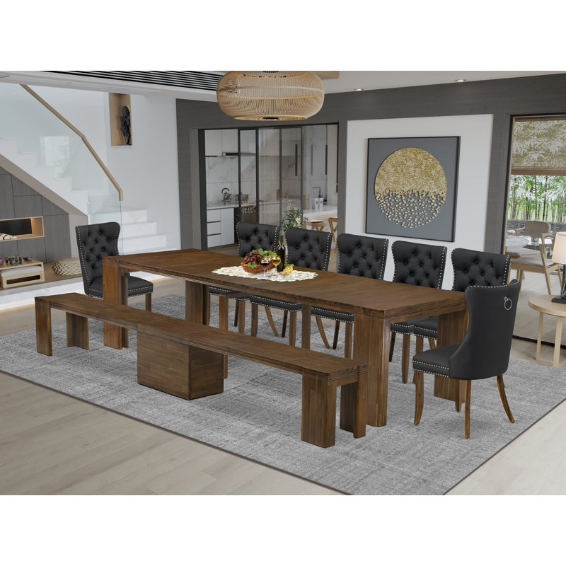 9 Pieces Dining Room Set contains an Extendable Rectangle Kitchen Table, 7 Polyester Fabric Dining Chairs and 1 Modern Bench, Antique Walnut