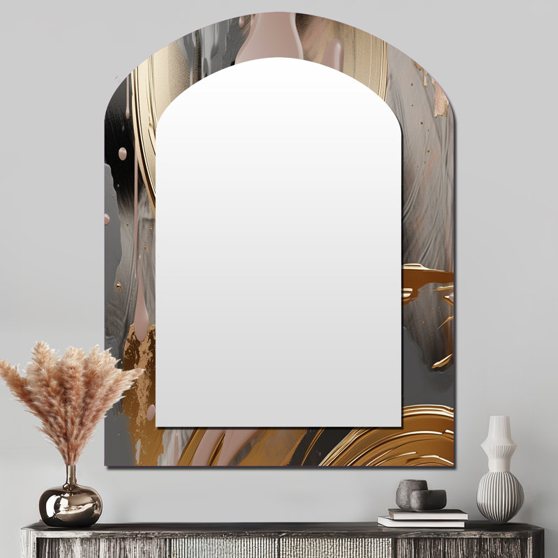 Abstract Golden and pink infinity circles IV - Liquid Ink Asymmetrical Unique Mirror, Gold Arch Large Wall Mirror, Printed Metal Art