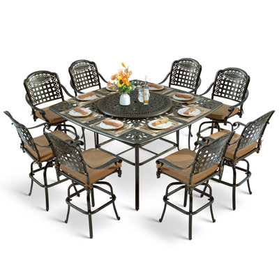  10-piece Outdoor Bar Set, All Weather Cast Aluminum High Patio Dining Set With 8 Cushioned Swivel Bar Stools, Large 64" Square Patio Bar Height Table With Detachable Lazy Susan, Umbrella Hole