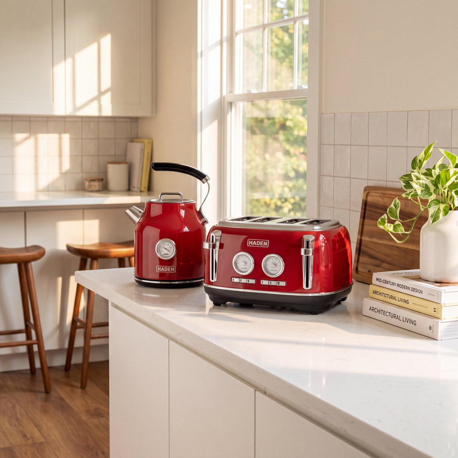 HADEN 4-Slice Toaster and Kettle Bundle, Red
