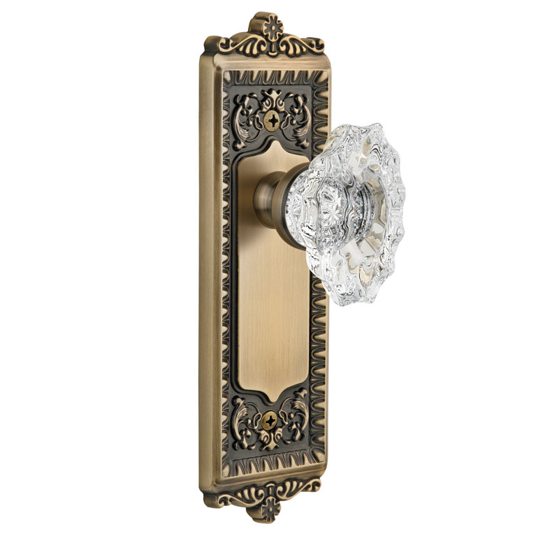 Grandeur Windsor Plate Privacy with Biarritz Crystal Door Knob, Vintage Brass, 2 3/8"