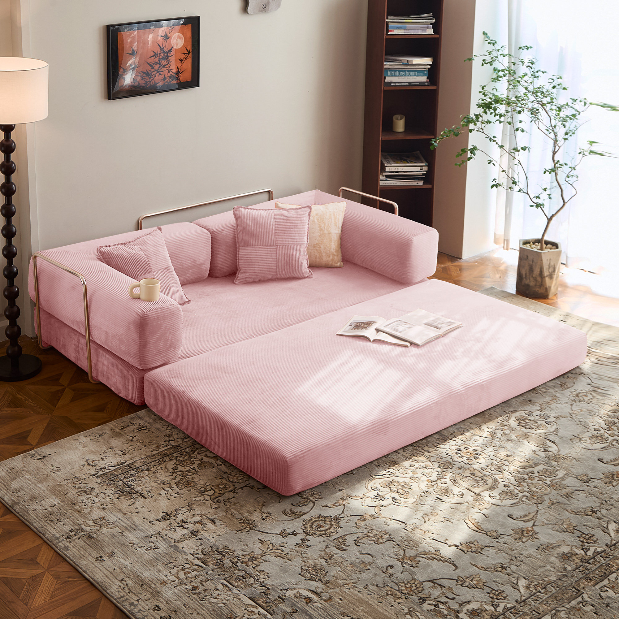 Fold Out Modular Sofa Bed Convertible Floor Sofa Couch Corduroy Folding Mattress Lounge Couch for Livingroom Bedroom Office No Assembly Required with Fixed-Shape Frame