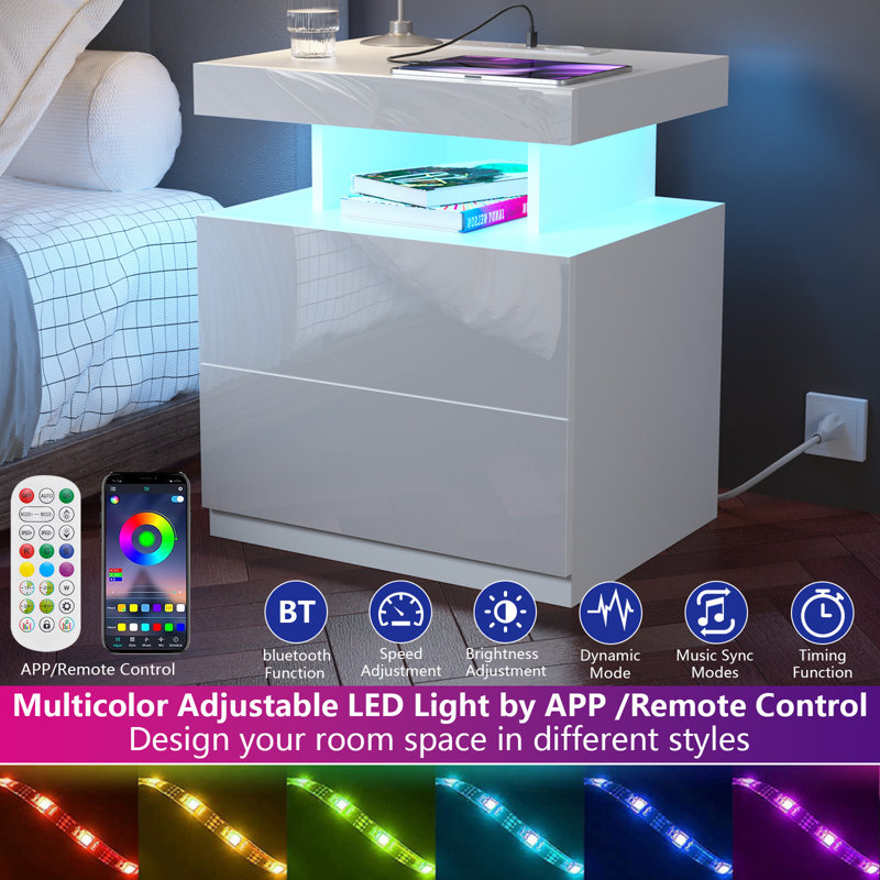 White High Gloss LED Nightstand with Wireless Charging and 2 Drawers