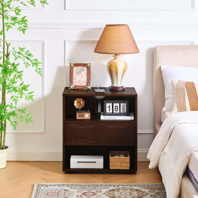 Mid Century Modern Rattan Nightstand with USB Charging Station and Solid Wood Bases