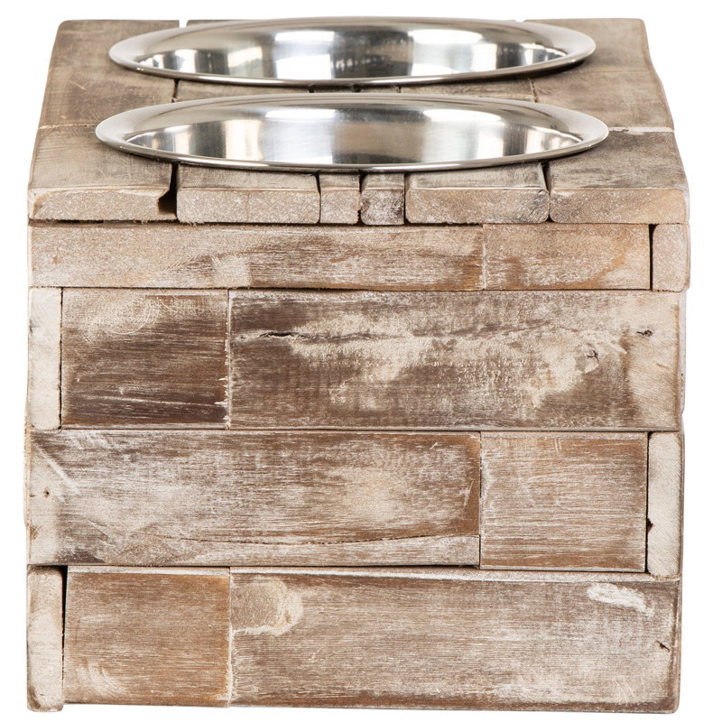 Large Rustic Reclaimed Wood Elevated Pet Feeder with Stainless Steel Bowls