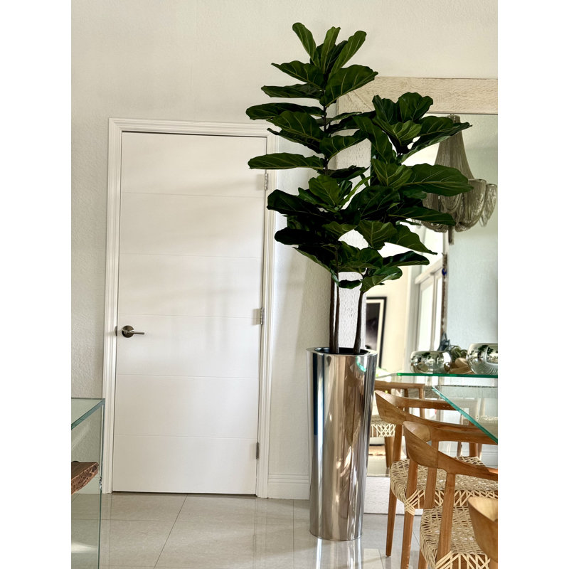 Fiddle Faux Fiddle Leaf Fig Tree in Metal Planter, Silver, 96" H x 42" W x 28" D