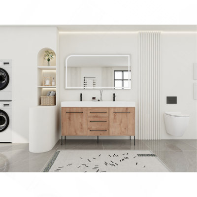 60" Freestanding Bathroom Vanity with White Double Resin Sink & 2 Soft-Close Cabinet Doors and 3 Drawers