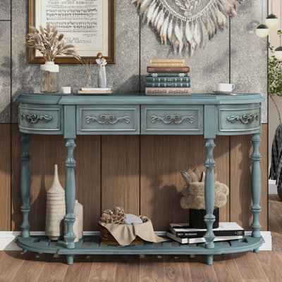 Console moderne dans le salon, 4 tiroirs, 1 tablette, bleu antique et bleu en bois massif, espace de rangement spacieux et essentiel
