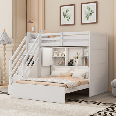 Lit simple superposé au dessus d'un lit double avec escalier de rangement, garde-robe, USB et lit léger, blanc