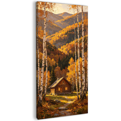 Grande toile murale verticale représentant un chalet sous un bouleau - Peinture rustique sur toile représentant une forêt d'automne, un arbre tremble, idéale pour le salon, la chambre ou le bureau - Toile tendue prête à accrocher, prête à offrir, 61 x 119 cm