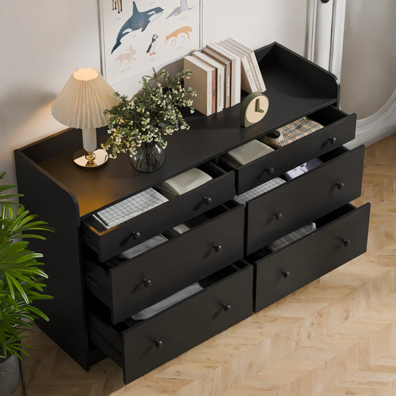 Sanya 6 Drawer 52" W Double Dresser, Modern Bedroom Dresser, Black