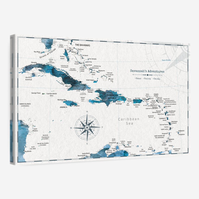 Carte caribéenne personnalisée «I Push Pin» sarcelle, H 16 po x l 24 po, Oui