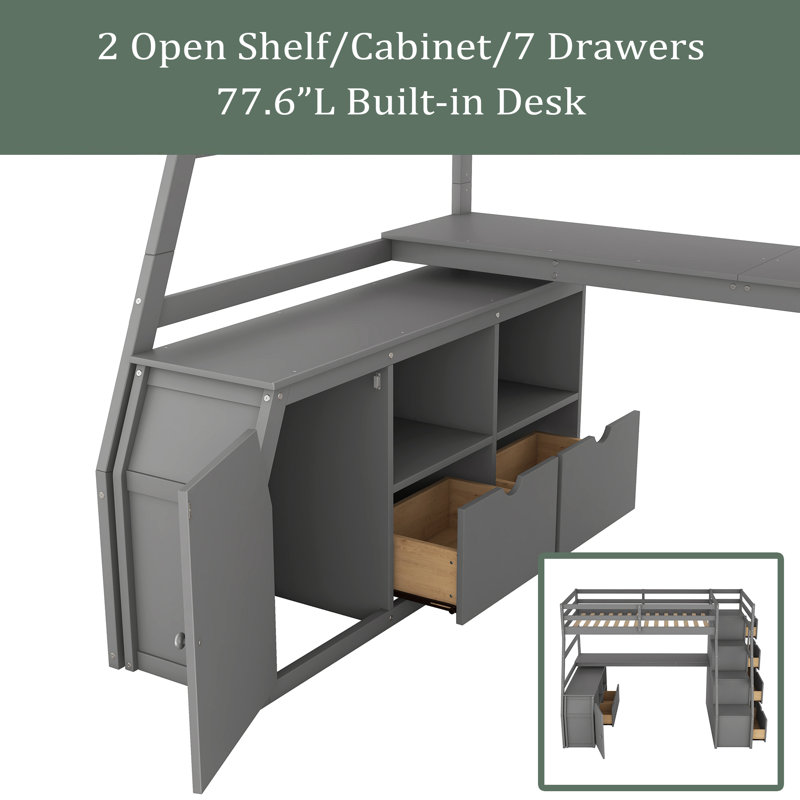 Graclynn Kids Twin Loft Bed with Drawers, Gray