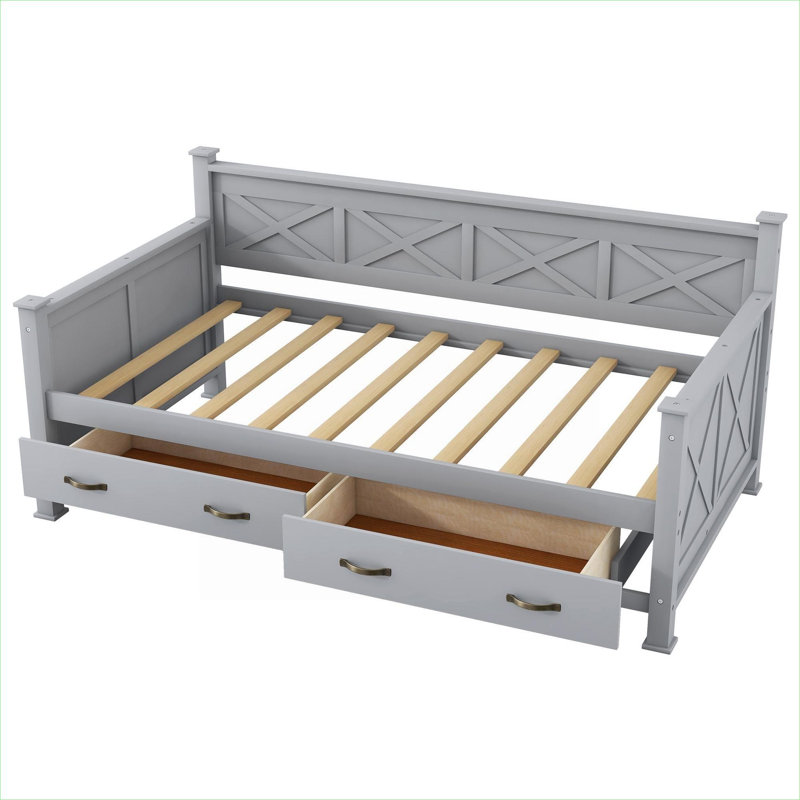 Lit de jour simple en pin massif avec 2 tiroirs de rangement, structure en X pour petites chambres d'amis et chambres d'enfant