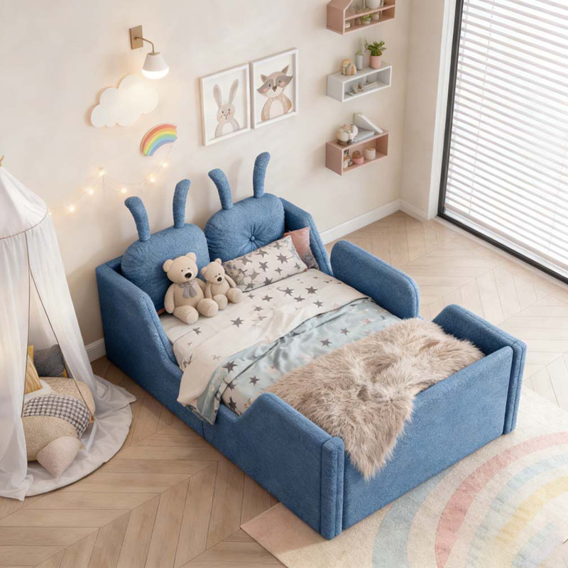 Lit plateforme tapissier simple avec coussin en lapin et rails latéraux amovibles, Bleu