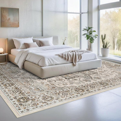 Tapis de salon - Grands tapis Boho lavables pour tapis résistants aux taches Tapis tribal rétro pour cuisine de chambre à coucher avec support antidérapant ivoire